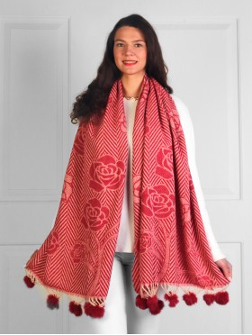 Cashmere Feeling Zig Zag & Rose Scarf with Pom-Poms